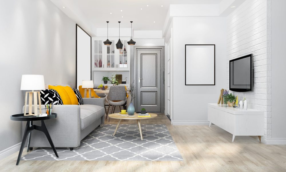 3d rendering loft luxury living room with shelf near dining table counter