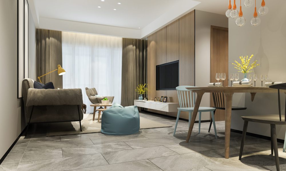 3d rendering loft luxury living room with shelf near dining table